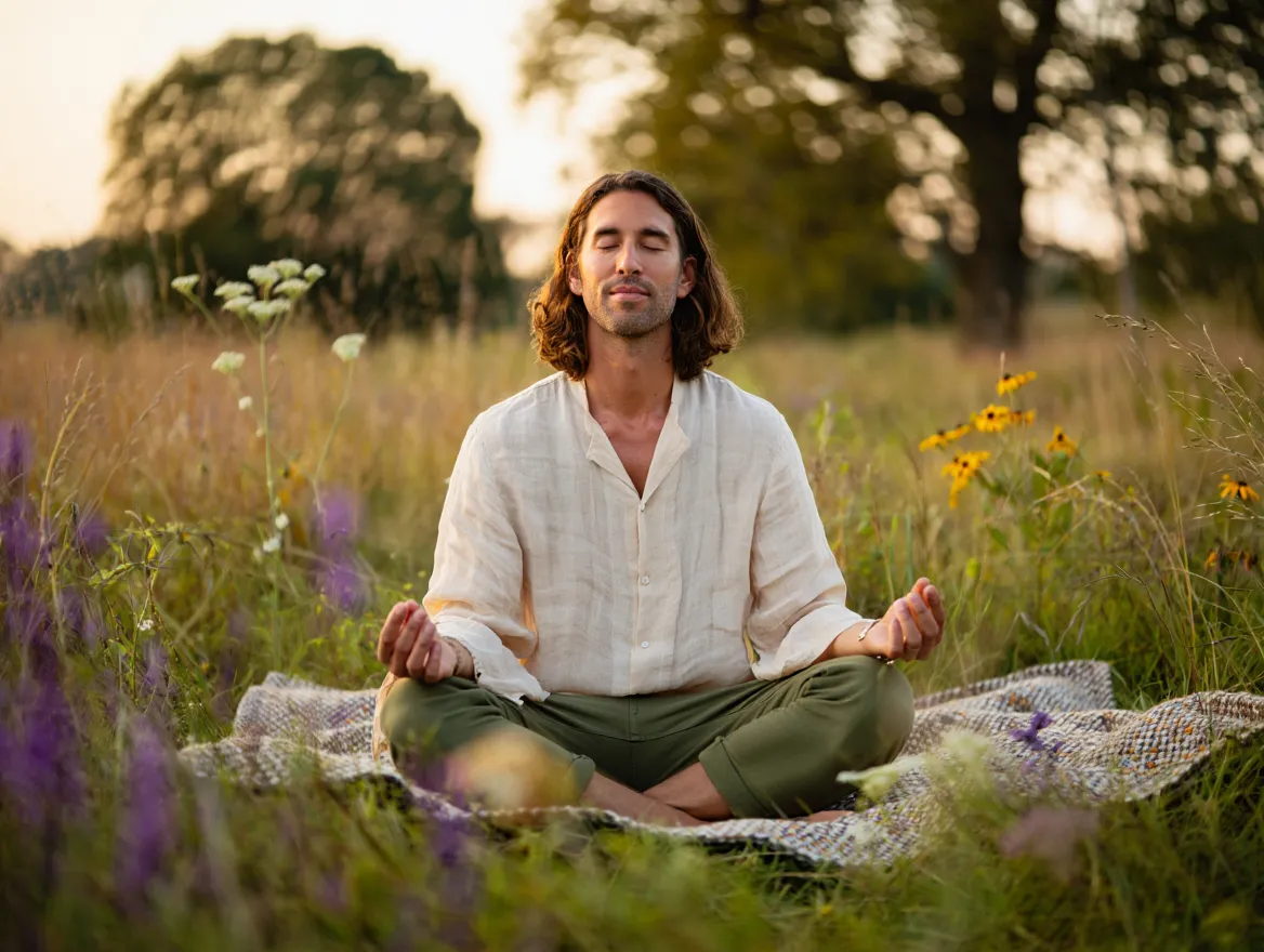 Person relaxing in peaceful natural setting surrounded by soft evening light
